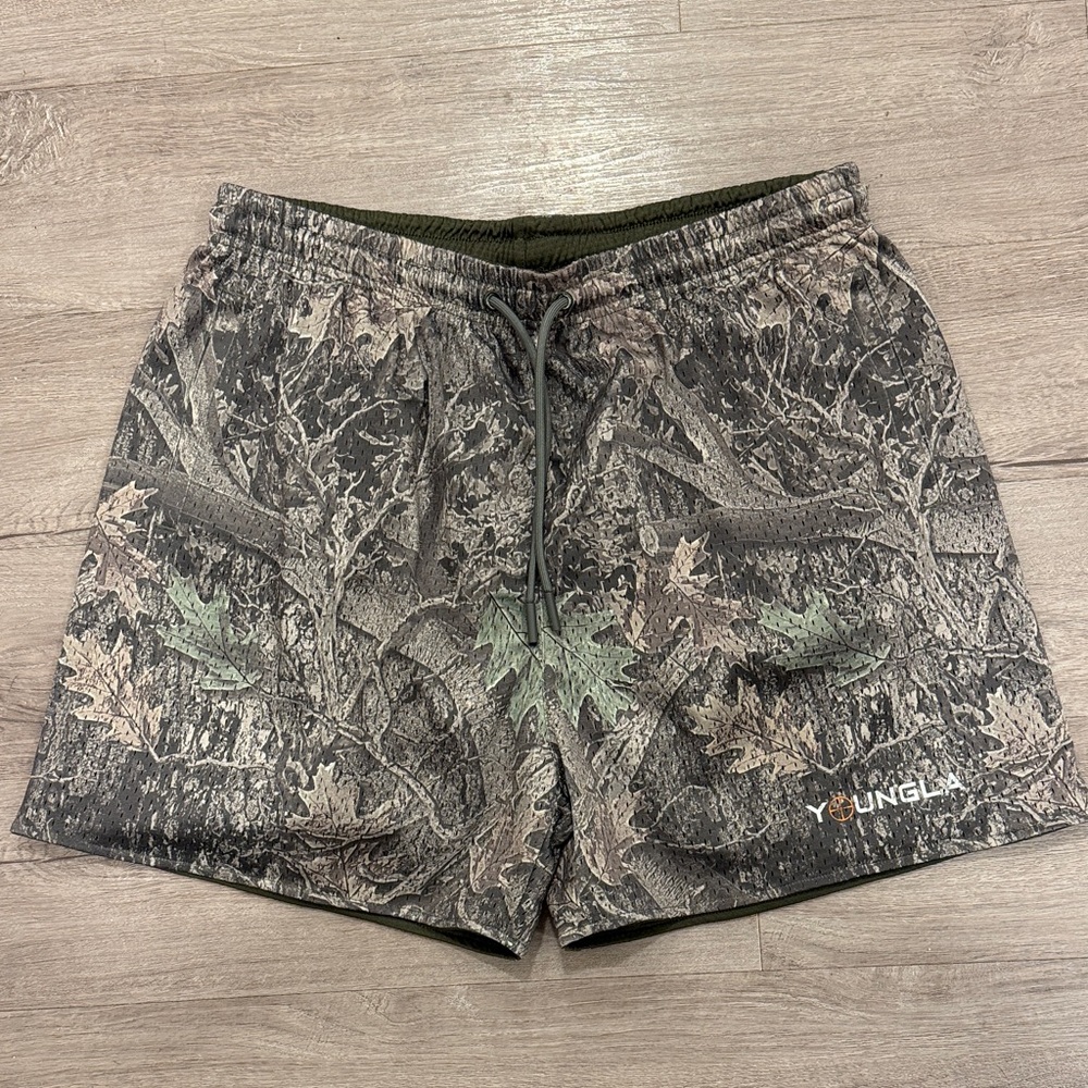 Young LA reversible mesh shorts.  Camo/olive green. Size XL.
